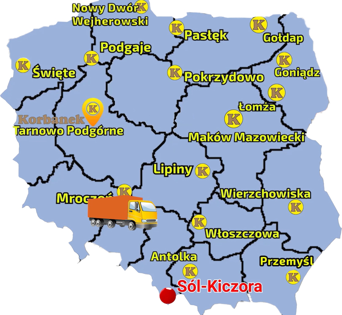 Mapa zawierajaca punkty sprzedaży sieci Korbanek i zaznaczoną miejscowość, gdzie do Pani Wioletty zostalł dostarczonu ciągnik Arbos 2025