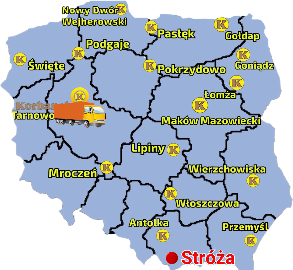 Mapa zawierjąca punkty sprzedaży sieci Korbanek i miejscowość gdzie został dostarczony ciagnik Arbos 3065 wraz z osprzętem