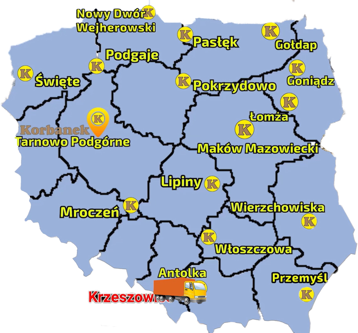 Mapa zawierająca punkty sprzedaży sieci Korbanek i zaznaczoną miejscowość, gdzie do Klienta został dostarczony ciągnik komunalny Arbos 2025