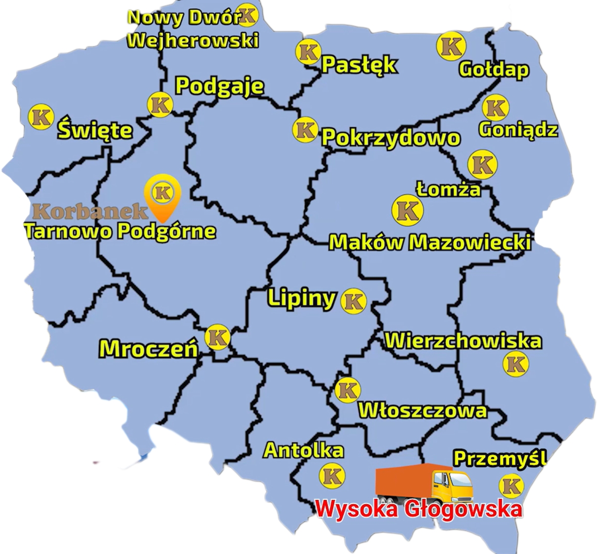 Mapa zawierająca punkty sprzedazy sieci Korbanek i zaznaczoną miejscowość, gdzie do Klienta został dostarczony ciagnik Arbos 2025