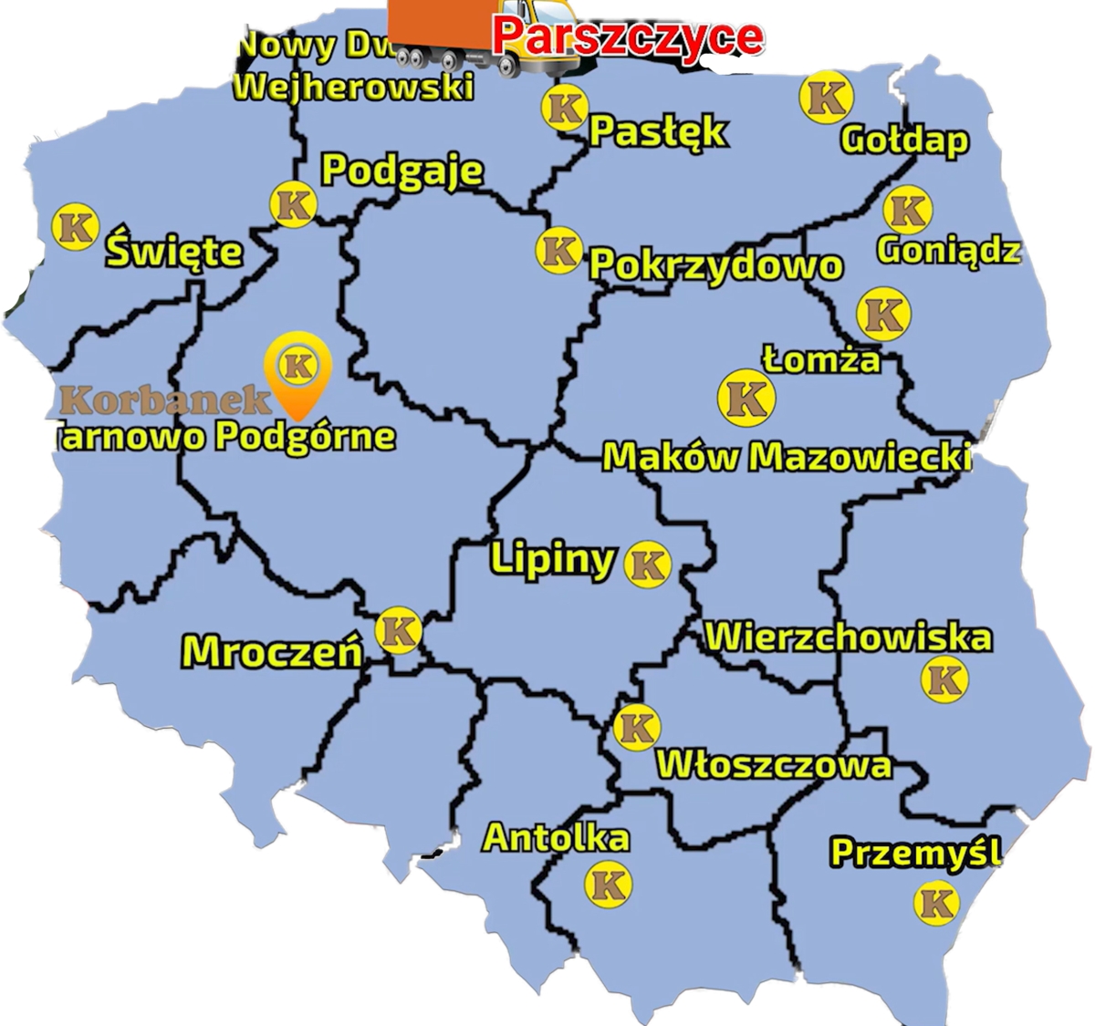 Mapa zawierająca pkt sieci sprzedaży Korbanek i miejscowośc, gdzie do Klienta został dostarczony siewnik