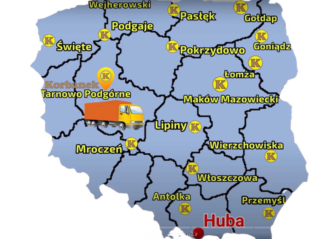 Mapa z zaznaczonymi pkt sprzedaży sieci Korbanek i miesjcowością gdzie został dostarczony Arbso 2040