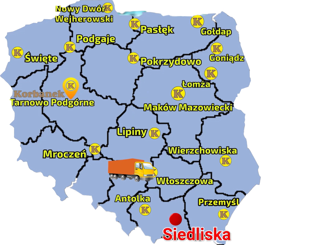 Mapa ukazujące sięć sprzedaży firmy Korbanek i miejscowość , gdzie do klientów został dostarczony ciągnik Arbos 2040