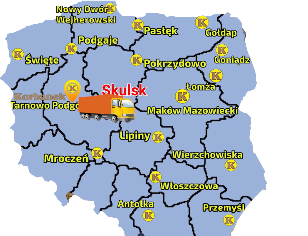 Mapa ukazująca pkt sprzedaży sieci Korbanek i zaznaczoną miejscowość, gdzie do Klienta nastąpiła dostawa Monosema 