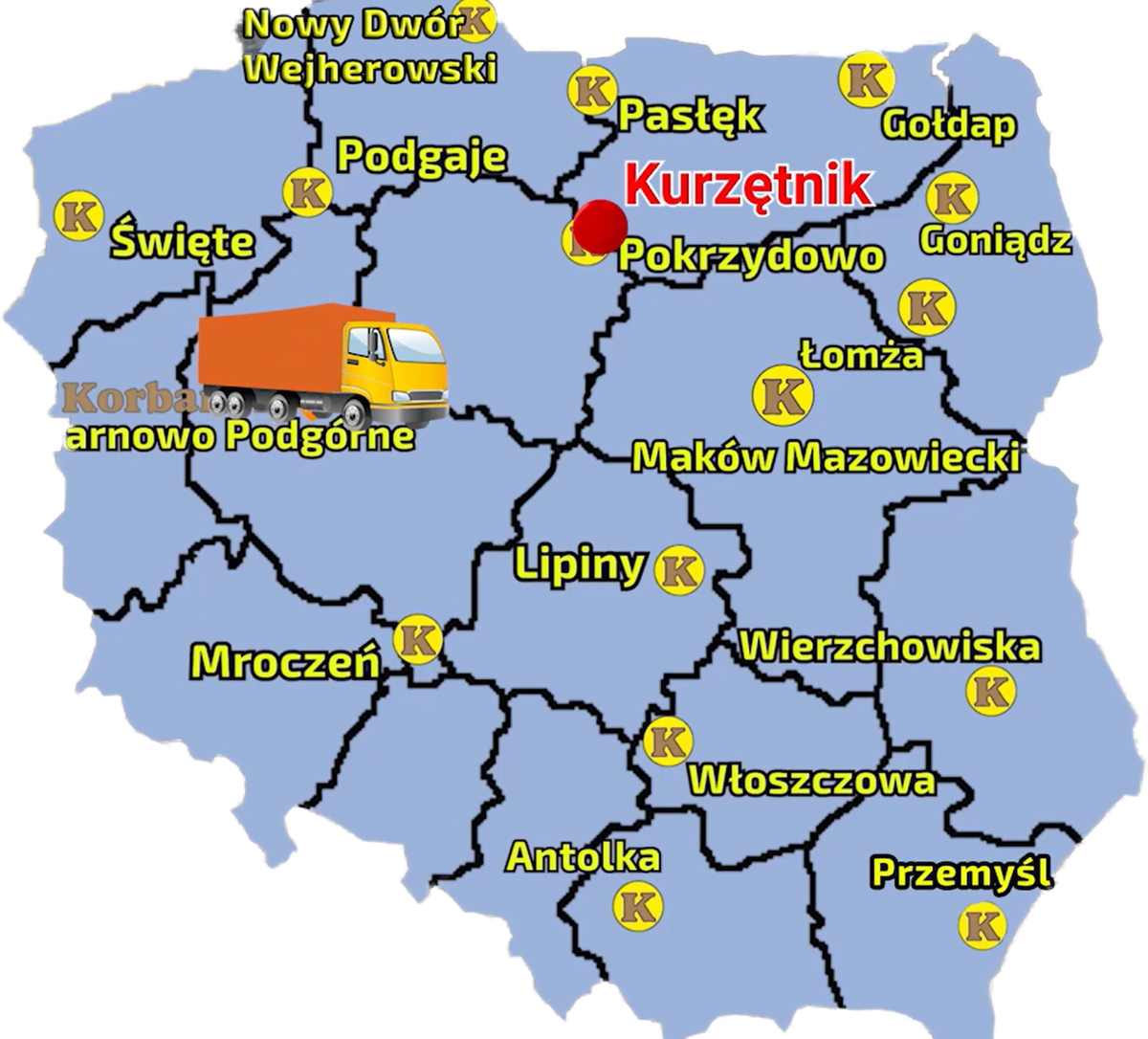 Mapa ukazujaca sięć sprzedaży firmy Korbanek i miejscowośc , gdzie do Klienta została dostarczona miniładowarka MultiOne