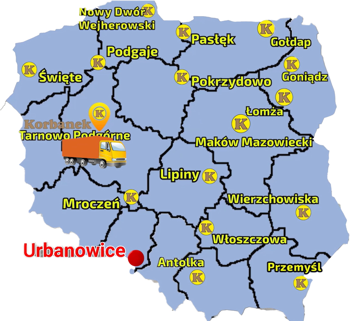 Mapa ukazujaca sieć sprzedaży KOrbanek i miejscowośc gdzie został dostarczony wóz Jeantil