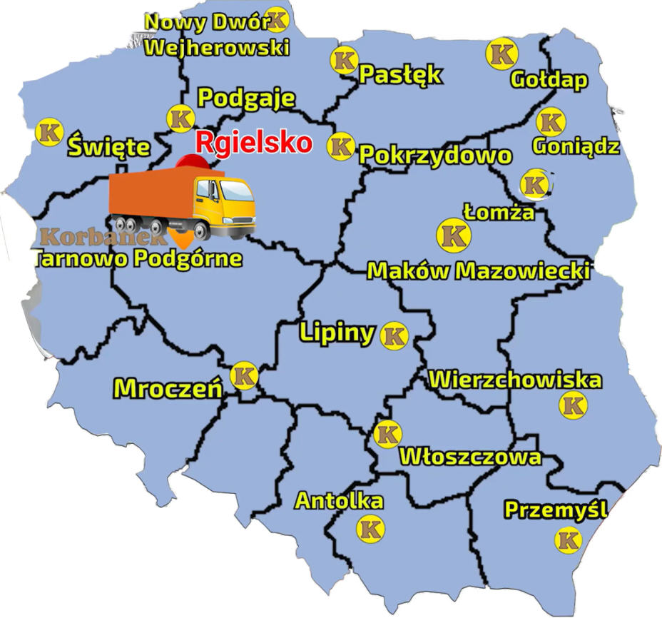 Mapa przedstawiajaca sieć sprzedaży Korbanek i zaznaczona miejscowośc gdzie do Klienta został dostarczony siewnik Stanhay