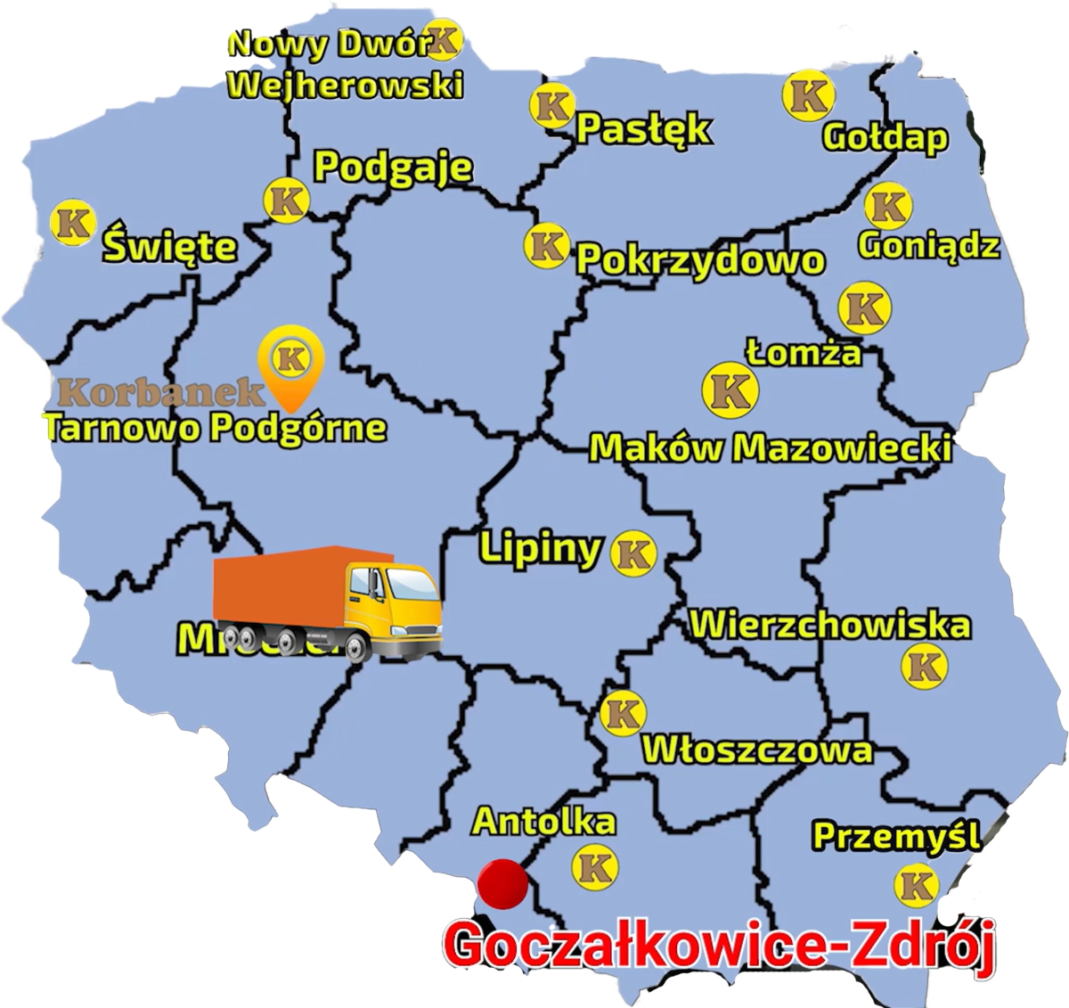 Mapa ukazująca sieć sprzedazy Korbanek w Polsce i zaznaczoną miejscowość, gdzie do Pana Kamila została dostarczona miniładowarka MultIone