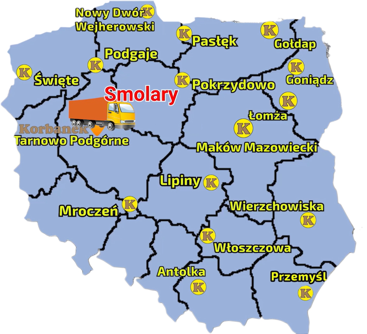 Mapa ukazująca sięc sprzedaży firmy Korbanek i miejscowość, gdzie do Klienta została dostarczona kosiarka Talex