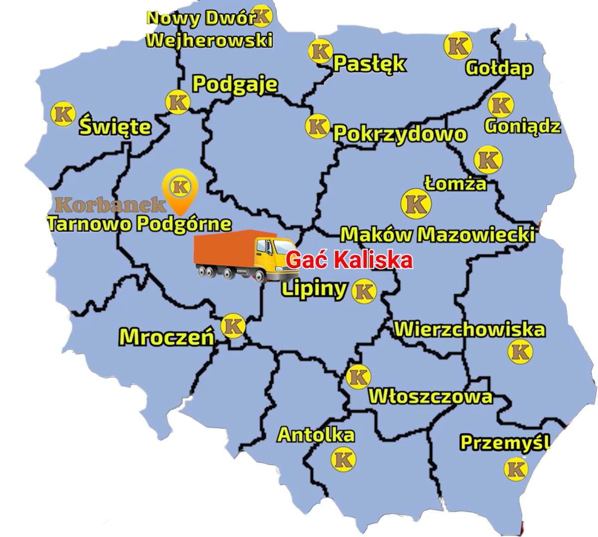 Mapa ukazująca sięc sprzedazy firmy Korbanek i miejscowośc , gdzie do Klientów zostal dostarczont rozrzutnik Jeantil