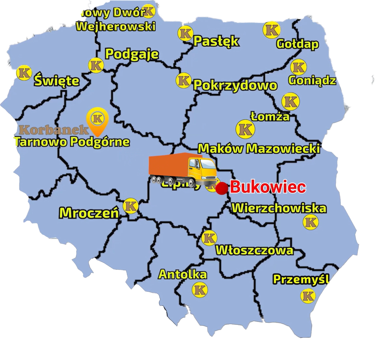 Sieć sprzedazy firmy Korbanek na terytorium Polski i miejscowośc gdzie do Klienta został dostarczony Agrisem