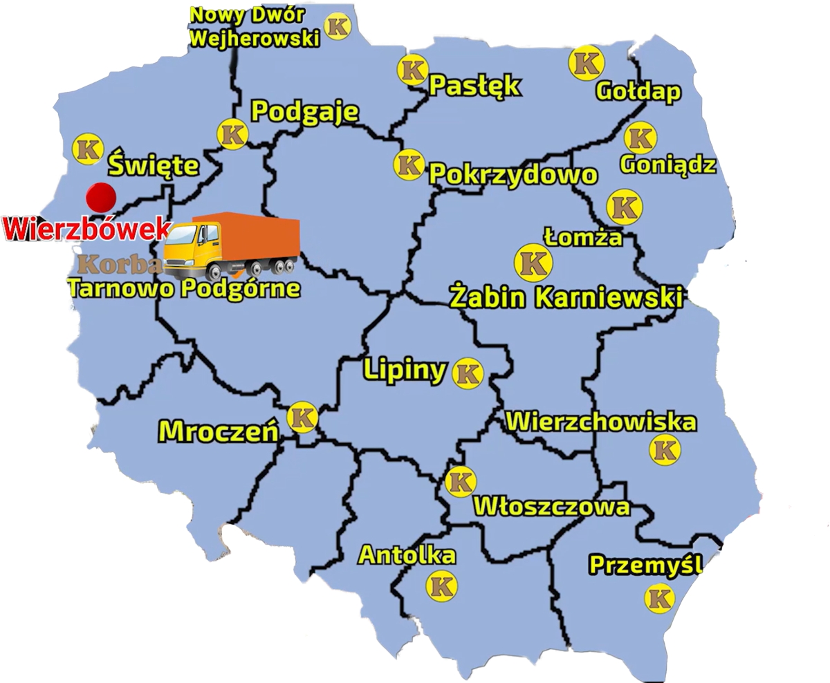 Mapa zawierająca punkty sprzedaży sieci Korbanek i  zaznaczoną miejscowość, gdzie do Klienta została dostarczona owiajrka McHale