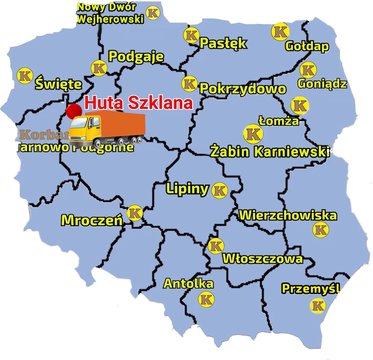 Mapa zawierająca punkty sprzedaży sieci Korbanek i miejscowość. gdzie do Klienta została dostarczona prasa McHale V8