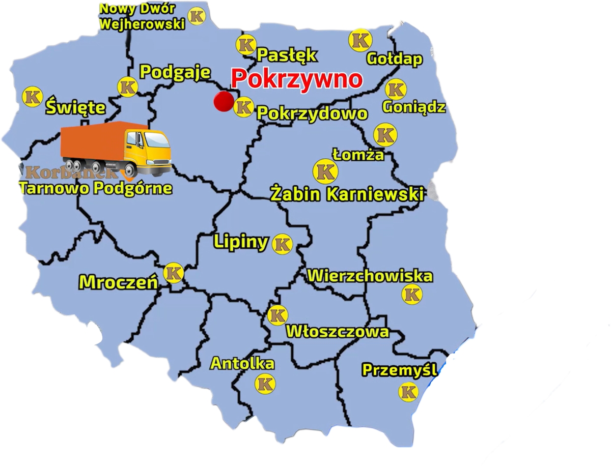 Mapa zawierająca punkty sprzedaży Korbanek i zaznaczoną miejscowość gdzie do Klienta została dostarczona przyczepa Metaltech